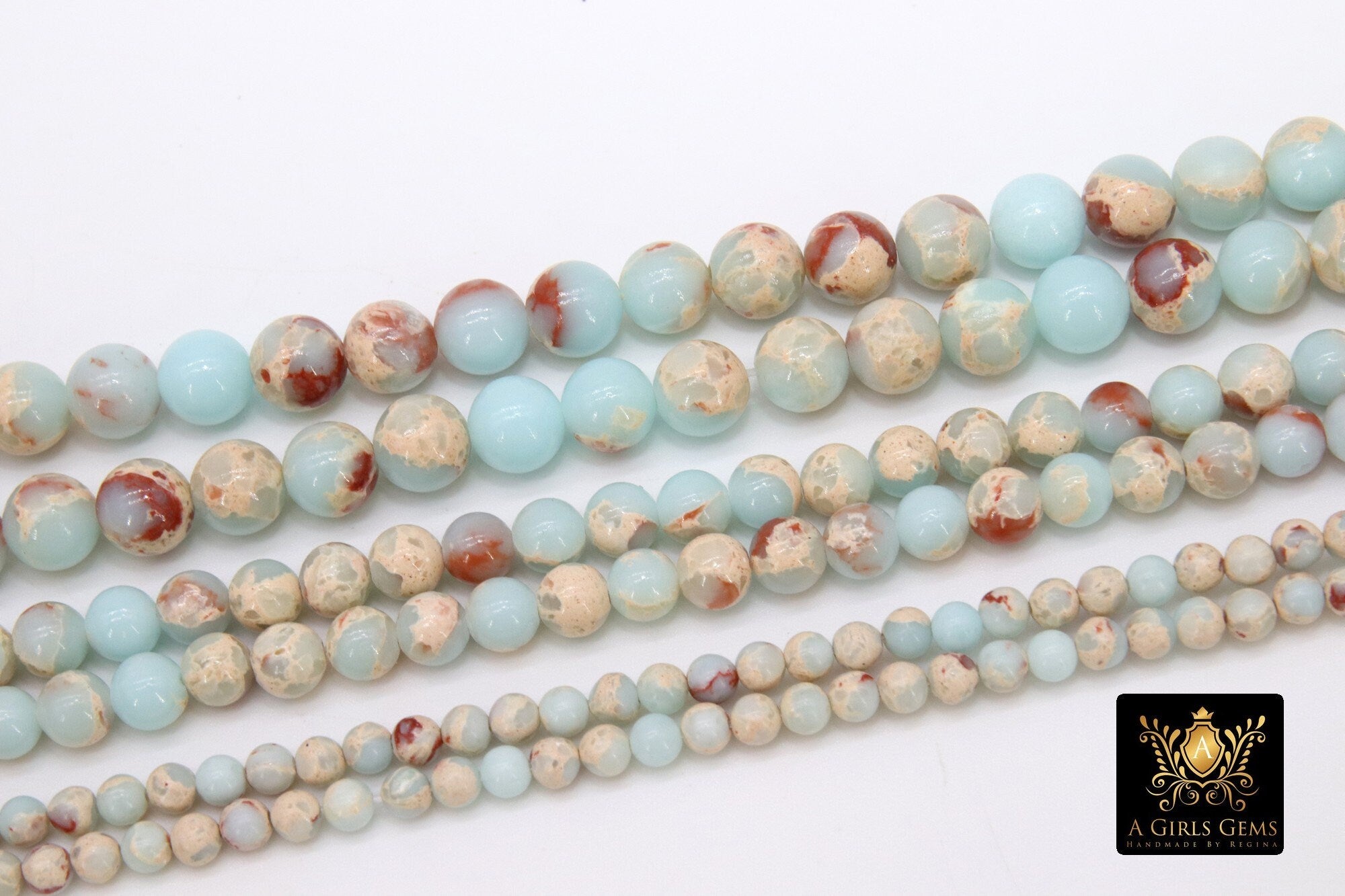 Natural Imperial Baby Blue Jasper Beads, Round Marbleized Cream Beads BS #23, size 4 mm