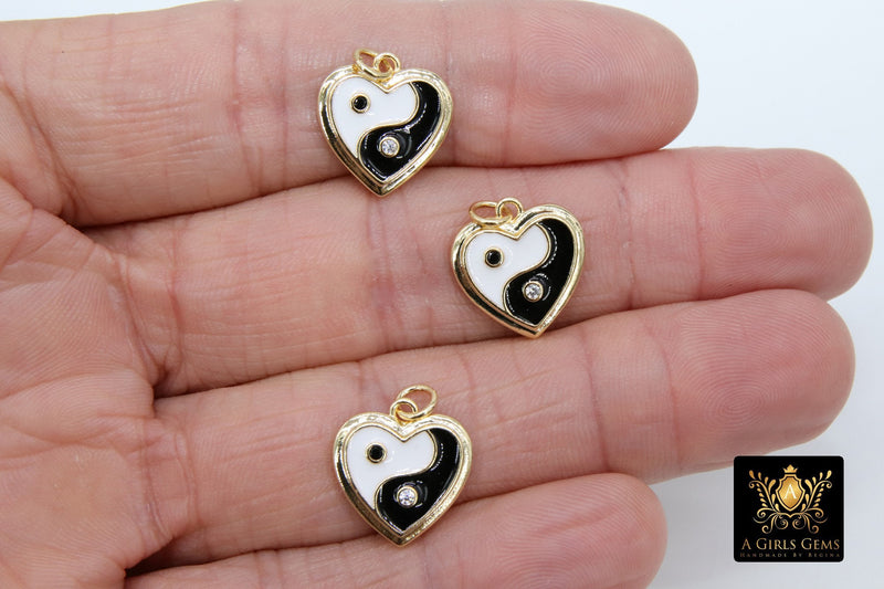Black and White Heart Charms, CZ Pave Yin Yang Heart Shape Enamel Charm for Bracelet 