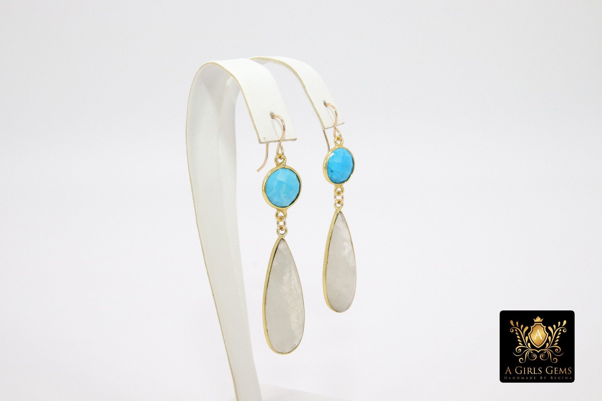 14 K Gold Filled Earrings, Blue Turquoise and Rainbow Moonstone Gemstones, Dangle Teardrop Wire Hooks - A Girls Gems