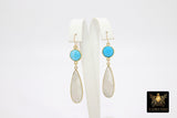 14 K Gold Filled Earrings, Blue Turquoise and Rainbow Moonstone Gemstones, Dangle Teardrop Wire Hooks