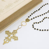 Gold Rosary Cross Necklace, Black Rosary Chain With Gold Brass Ethiopian Cross, Long Smoky Grey Rosary Necklaces
