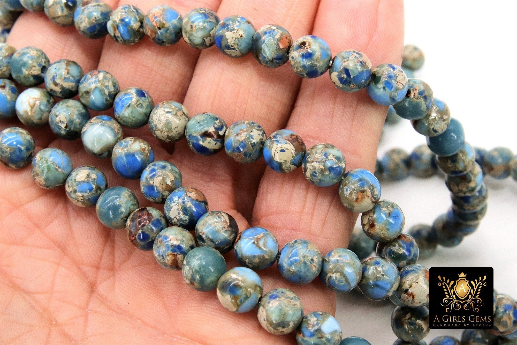 Natural Imperial Baby Blue Jasper Beads, Sea Sediment Round Marbleized Beige and Light Gray Beads BS #2 - A Girls Gems