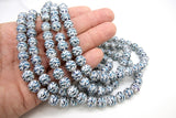 White and Sky Blue Beads, Shimmery Wave Pattern Smooth Tiger Stripe Beads BS #45, sizes 10 mm 11 inch Strands
