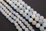 Natural Aquamarine Faceted Beads, Diamond Cut Round Light Blue and White BS #57, sizes in 6 mm 8 mm 10 mm 15.5 inch FULL Strands