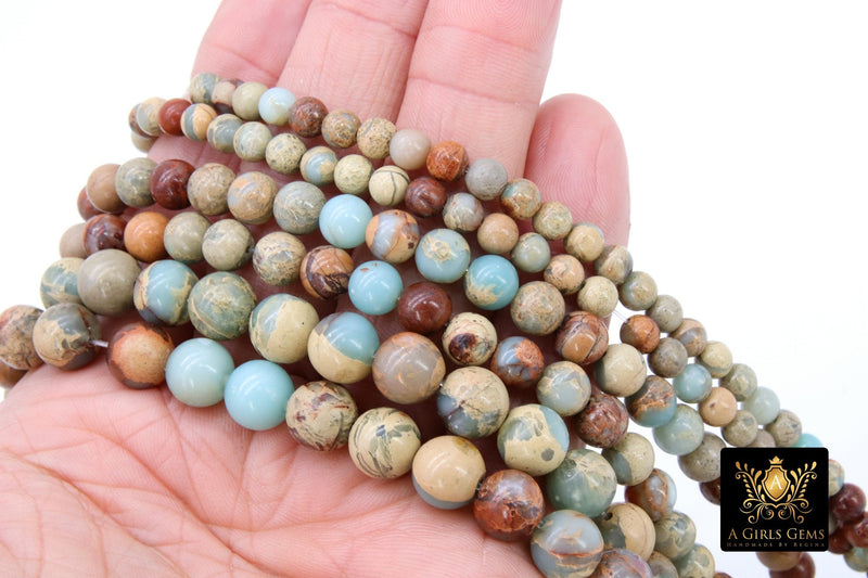 Natural African Blue Turquoise Opal Beads, Beige and Cream Round Jasper Beads, sizes  6mm 8mm 10mm 15.75 inch Strands - A Girls Gems