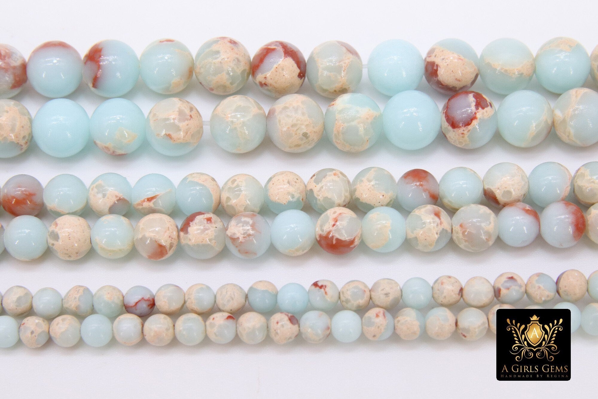 Natural Imperial Baby Blue Jasper Beads, Round Marbleized Cream Beads BS #23, size 4 mm