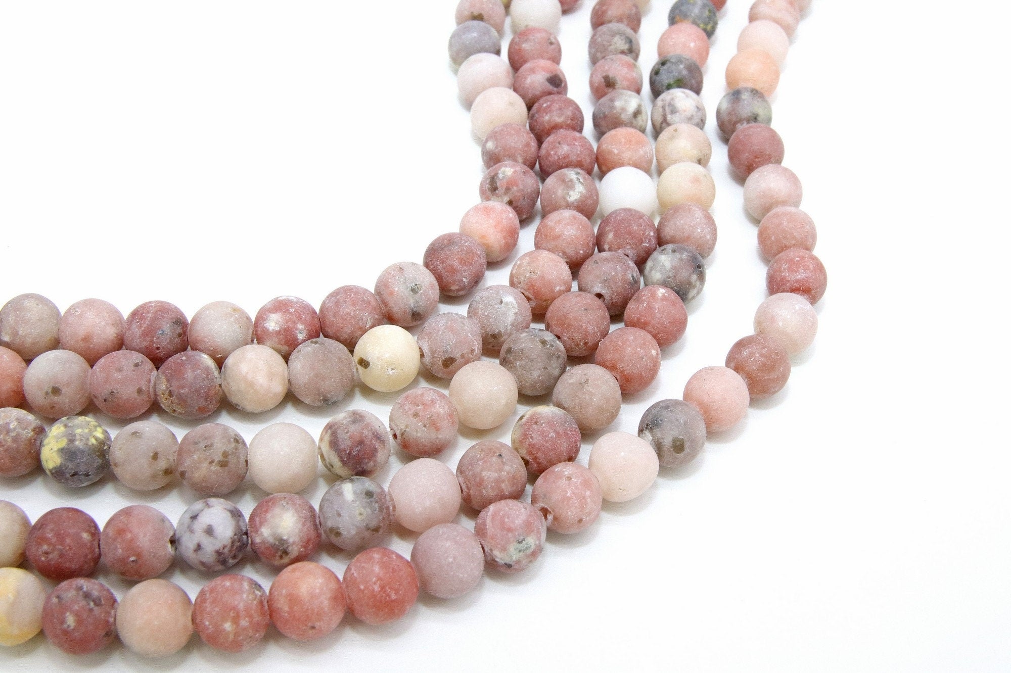 Natural Marble and Pink Kiwi Beads, Frosted Sesame White Round Jasper Beads BS #61, size 8mm 15.5 in FULL Strands
