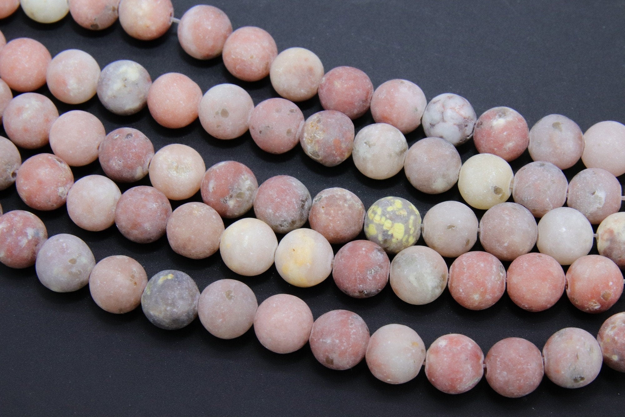 Natural Marble and Pink Kiwi Beads, Frosted Sesame White Round Jasper Beads BS #61, size 8mm 15.5 in FULL Strands