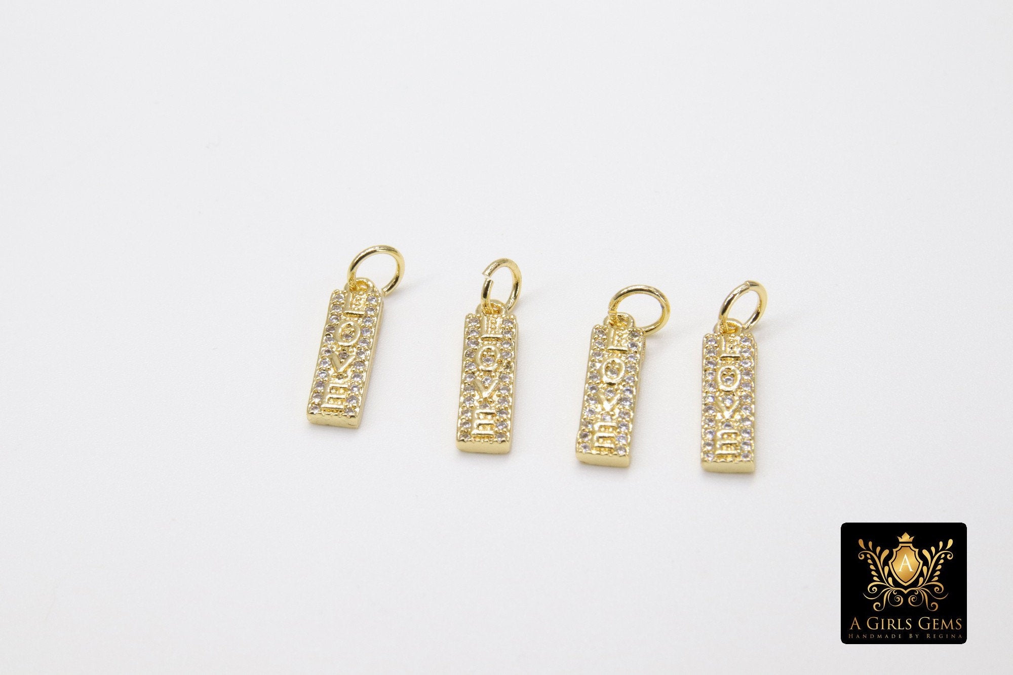 CZ Pave Love Words Charms, Tiny Gold Rectangle Minimalist Dog Tags #2642, Inspirational Bar 5 x 15 mm
