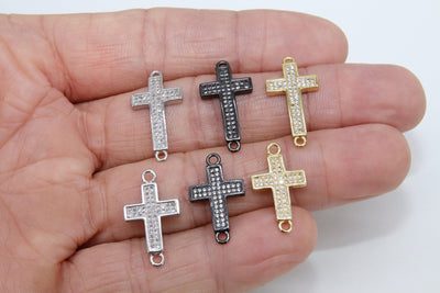CZ Micro Pave Cross Connector, Cross Links for Bracelet or Necklace, Gold Silver Black Clear Cubic Zirconia