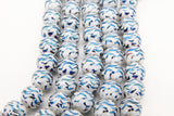 White and Sky Blue Beads, Shimmery Wave Pattern Smooth Tiger Stripe Beads BS #45, sizes 10 mm 11 inch Strands