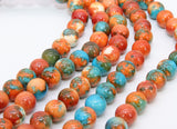 Fossil Beads, Smooth Round Dyed Blue, Orange