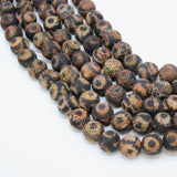 Tibetan DZI Agate Crackled Beads, Round Distressed Black and Beige Antique Brown Stripe Beads BS #70, sizes in 10 mm 15 inch Strands