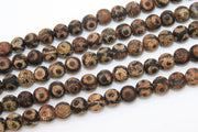Tibetan DZI Agate Crackled Beads, Round Distressed Black and Beige Antique Brown Stripe Beads BS #70, sizes in 10 mm 15 inch Strands