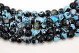 Natural Black and Baby Blue Fire Agate Beads, Faceted Black White Blue Pattern Beads BS #80, sizes in 10 mm 14 inch FULL Strands