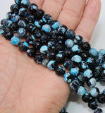 Natural Black and Baby Blue Fire Agate Beads, Faceted Black White Blue Pattern Beads BS #80, sizes in 10 mm 14 inch FULL Strands