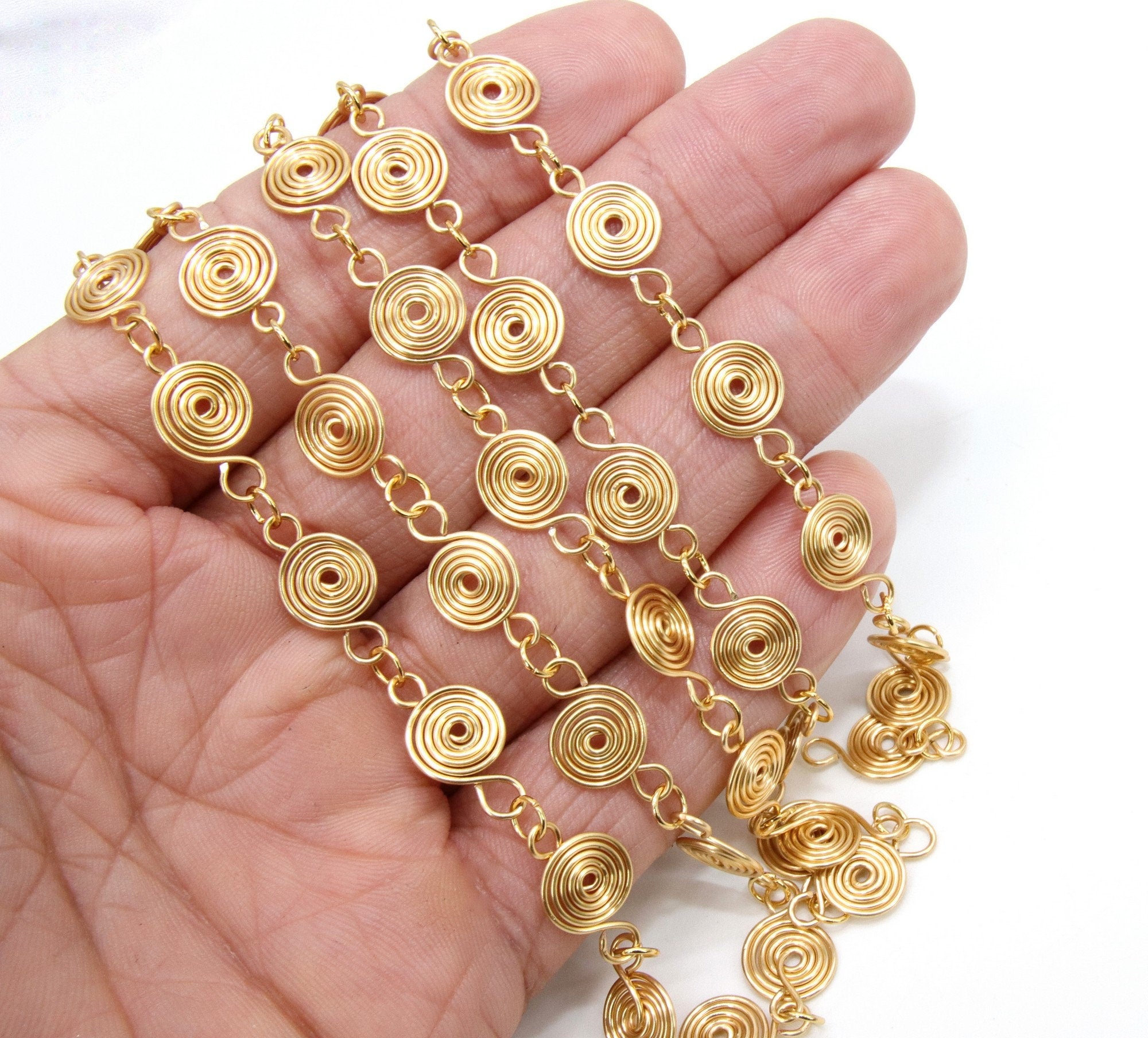 Gold Round Spiral Unfinished Chain Links, Brass Circle Linking Chains for Bracelets or Metal Necklace, 10 mm - A Girls Gems