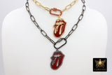Gold Red Carabiner Wrap Tongue Necklace, Large Black Rectangle Faceted Chain with Rock and Roll Pendant