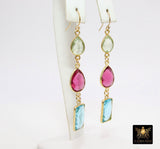 Blue Topaz and Green Amethyst Earrings, 14 K Gold Filled Ear Wire Hooks, Long Pink Tourmaline Gemstone Dangle Earrings