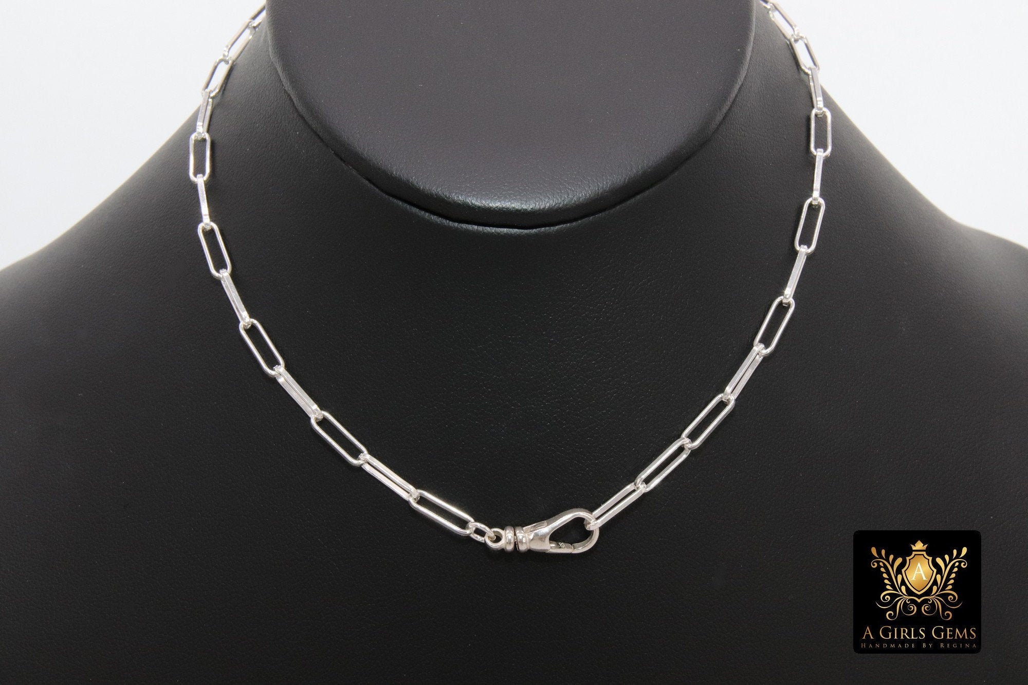 925 Sterling Silver Swivel Front Clasp Necklace, Silver Drawn Rectangle Chain, Fob Clip Clasp Choker 14 inch