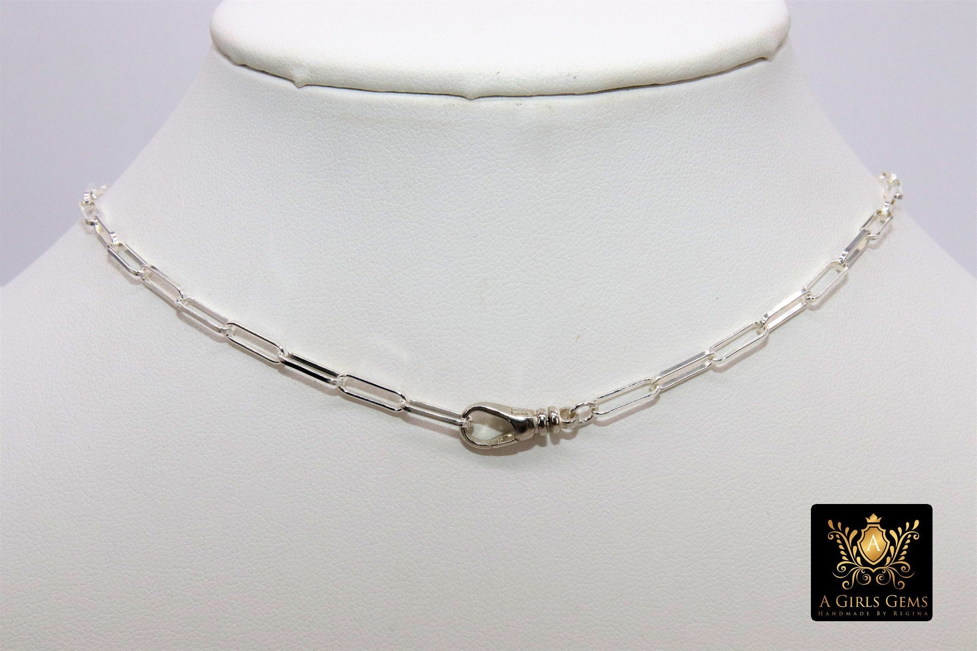 925 Sterling Silver Swivel Front Clasp Necklace, Silver Drawn Rectangle Chain, Fob Clip Clasp Choker