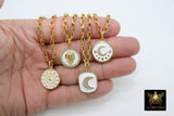 Gold Box Chain Necklace, Tiger White Enamel Rectangle Chain, CZ Moon or Sundial Clock with Pendants of Your Choice