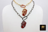 Gold Red Carabiner Wrap Tongue Necklace, Large Black Rectangle Faceted Chain with Rock and Roll Pendant - A Girls Gems