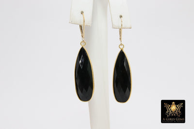 14 K Gold Filled Black Onyx Lever Back Earrings, Long Teardrop Gemstone Dangle Earrings - A Girls Gems