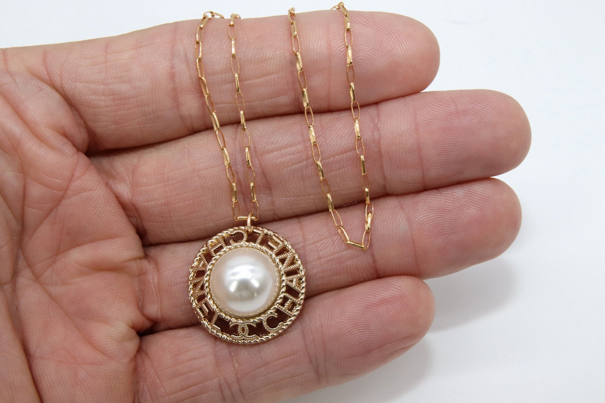 14 K Gold Filled Rolo Drawn Chain Necklace, Repurposed Vintage Button Necklace, Gold Round Channel Pearl Button - A Girls Gems