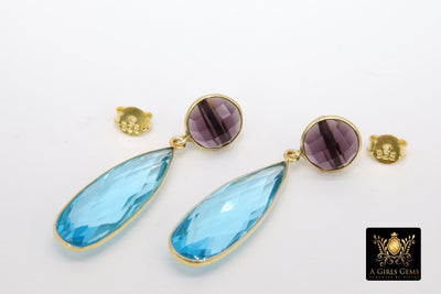 14 K Gold Blue Topaz Earrings, Amethyst Gemstones, 925 Silver Stud Ear Rings, December Birthday