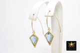 14 K Gold Blue Topaz Earrings, Triangle Gemstone Long V Wire Dangle Ear Hooks