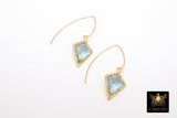14 K Gold Blue Topaz Earrings, Triangle Gemstone Long V Wire Dangle Ear Hooks