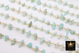 Natural Light Amazonite Rosary Chain, 4 mm Beaded CH #348, Gold Wire Wrapped Chip Rosary Chain