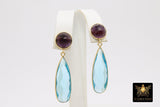 14 K Gold Blue Topaz Earrings, Amethyst Gemstones, 925 Silver Stud Ear Rings, December Birthday
