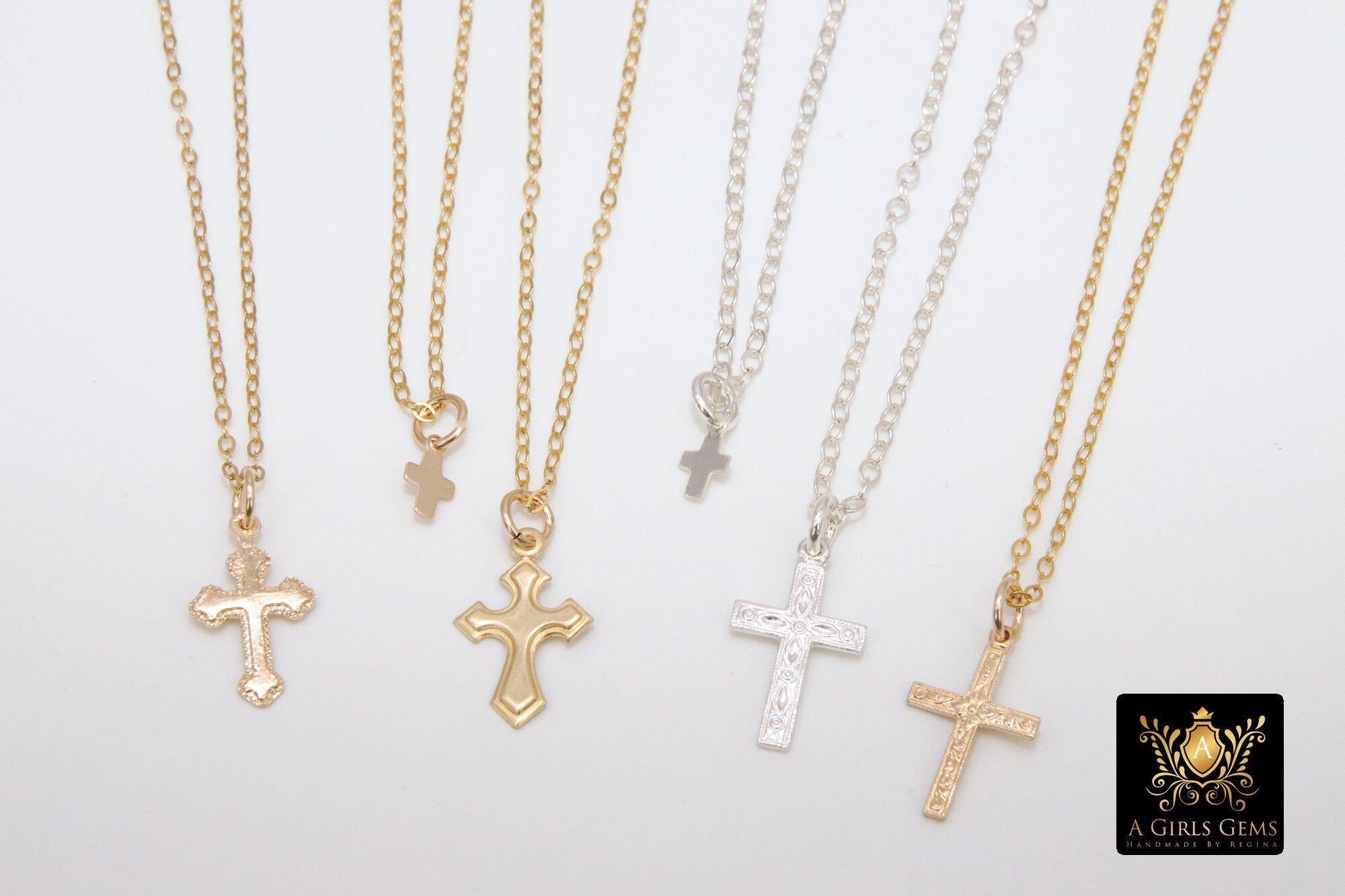 14 K Gold Filled Cross Hammered Chain Necklace, 925 Sterling Silver Crucifix Choker, Religious Mommy and Me Necklaces - A Girls Gems