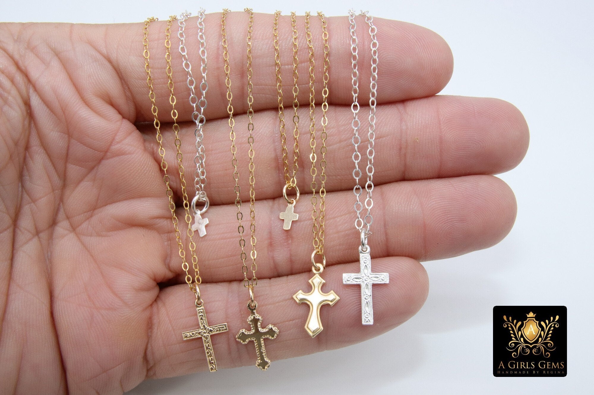 14 K Gold Filled Cross Hammered Chain Necklace, 925 Sterling Silver Crucifix Choker, Religious Mommy and Me Necklaces - A Girls Gems