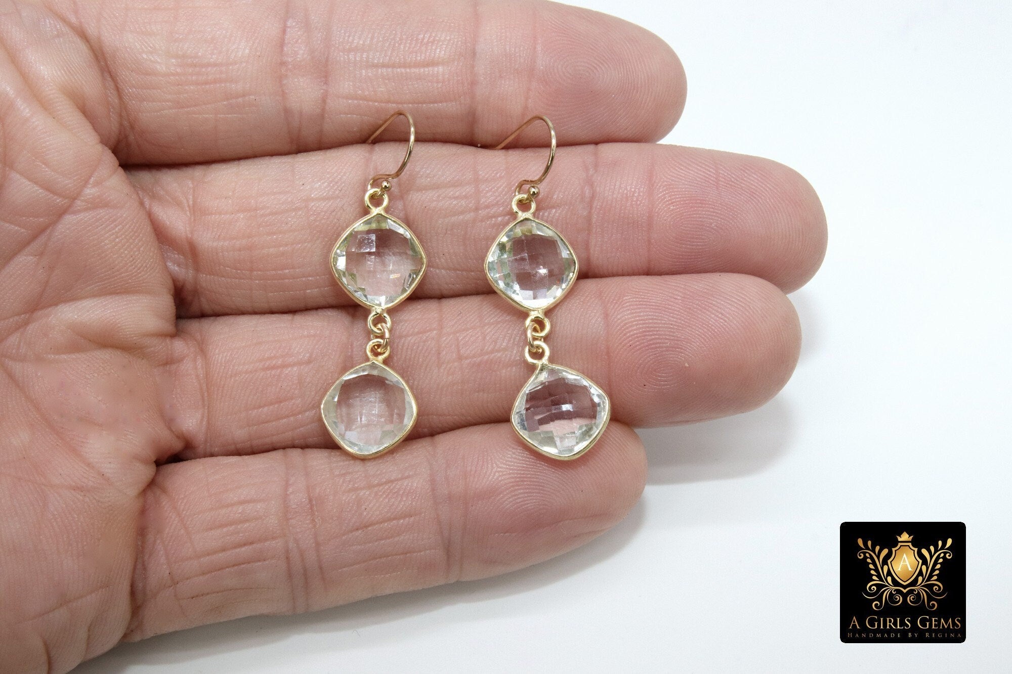 14 K Gold Clear Crystal Quartz Earrings, Diamond Teardrop Gemstones #692