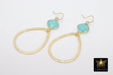 14K Gold Filled Gemstone Earrings, Peru Chalcedony with Dangle Brushed Gold Teardrops #692, Hoop Earrings