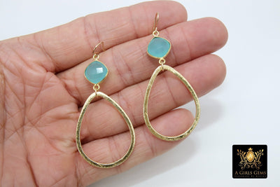 14 K Gold Filled Gemstone Earrings, Peru Chalcedony with Dangle Brushed Gold Teardrops #692, Hoop Earrings - A Girls Gems