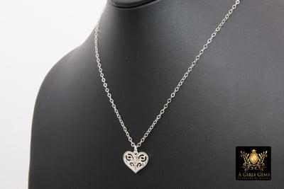 Silver Filigree Heart Chain Necklace, 925 Sterling Silver Dainty Chain Choker, Love Jewelry in Adjustable Length