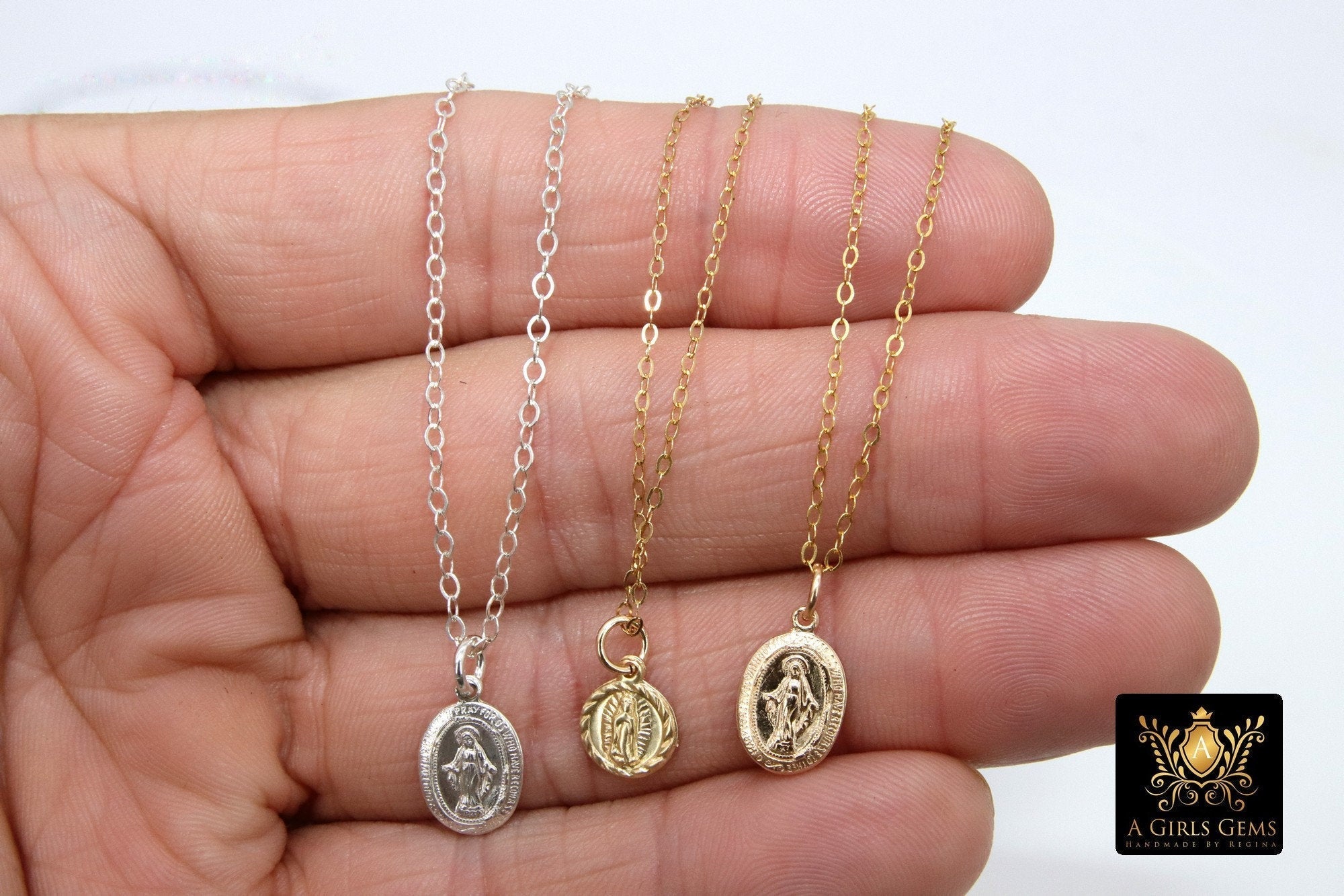 14 K Gold Filled Virgin Mary Hammered Chain Necklace, 925 Sterling Silver Mother Mary Choker, Mommy and Me Madonna Necklaces - A Girls Gems