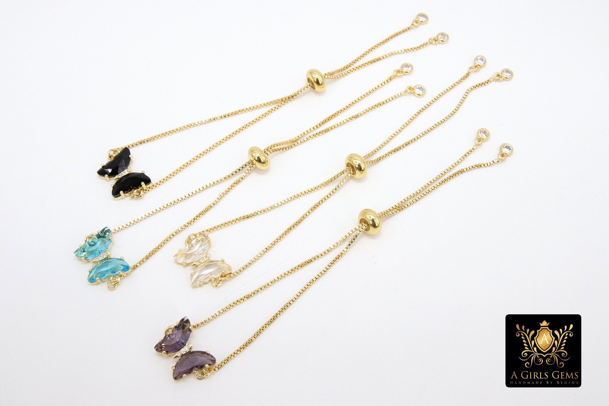 Crystal Butterfly Bracelet, Tiny CZ Butterfly Dainty Adjustable Gold Bracelets #694, Black, Gold, Amethyst and Clear by Regina Harp Designs - A Girls Gems