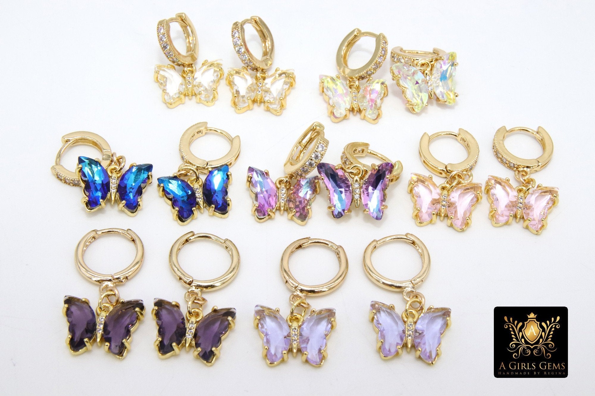 Butterfly Earrings, Gold Thick Huggie Hoop Ear Rings #654, High Quality Crystal Butterfly Huggies, 12 Color Choices - A Girls Gems