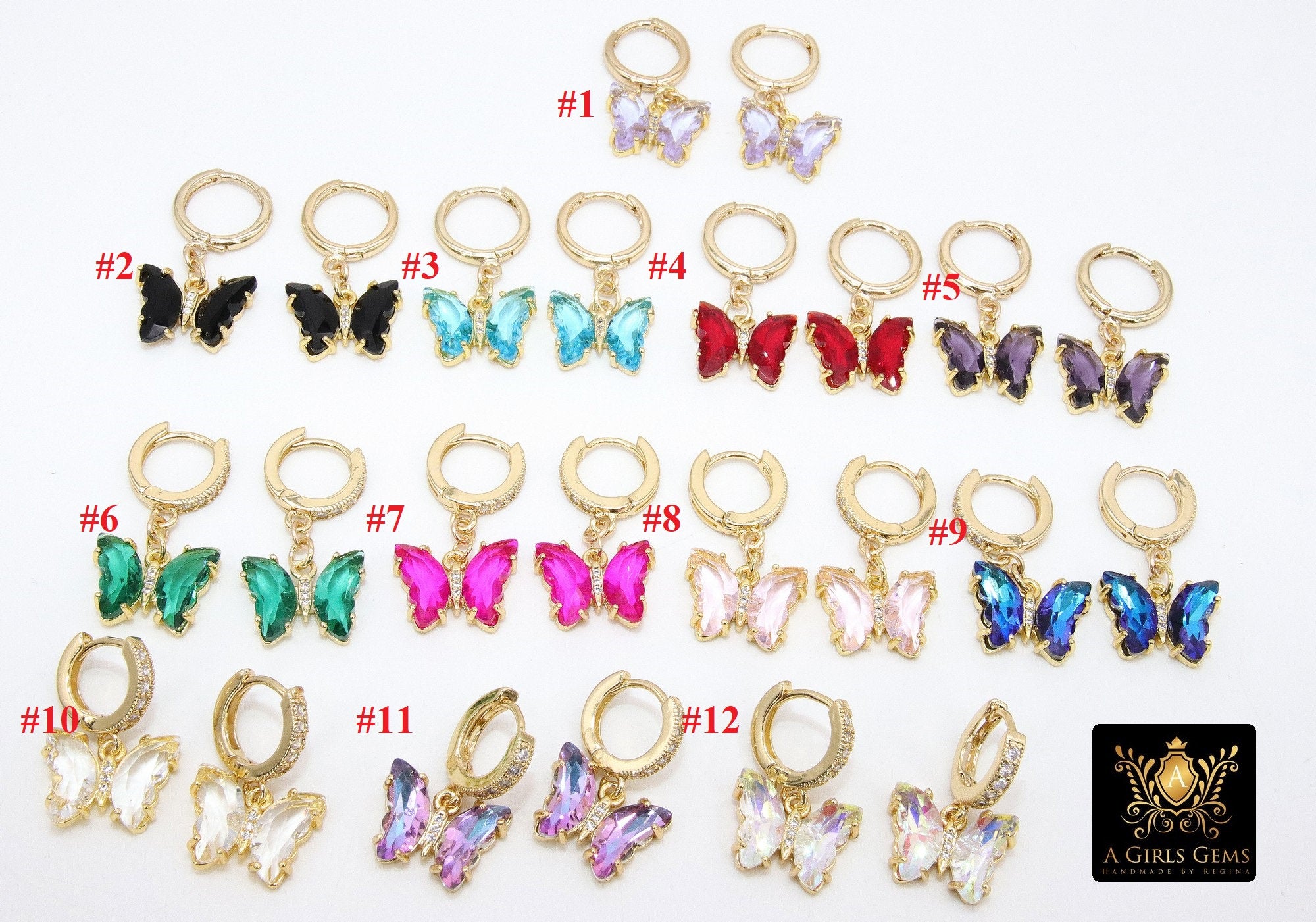 Gold Butterfly Earrings, CZ Huggie Hoop Ear Rings #654, High Quality Crystal Butterfly Huggies, 12 Color Choices - A Girls Gems