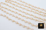 Light Cream Ivory Rosary Chain, 6 mm Gold Plated Beige Mystic Crystal CH #303, Wire Wrapped