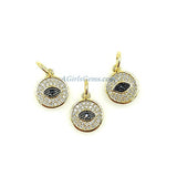 Evil Eye Charm, *NEW* Black and Gold CZ Micro Pave Small Round Disc Charm, 13 x 16 mm Mini Evil Eye for Bracelet Charms