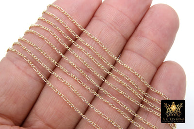 925 Sterling Silver Figaro Chains, Unfinished By The Foot, 1.5 mm 14 K Gold Filled Dainty Long and Short Link Chains
