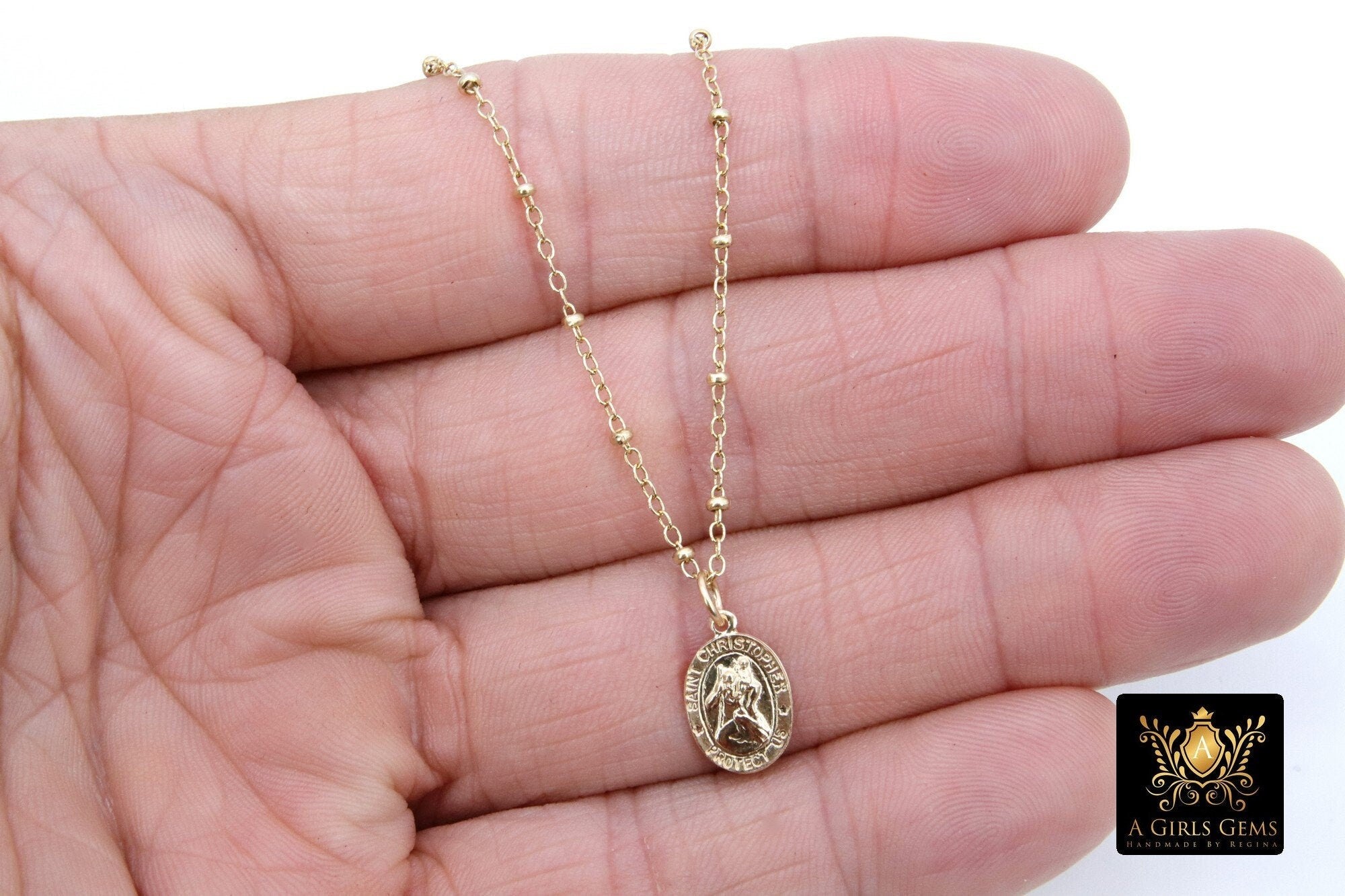 St. Christopher Necklace, 14 K Gold Filled Medallion Satellite Tube Beaded Chain Choker, Religious Traveler's Protection