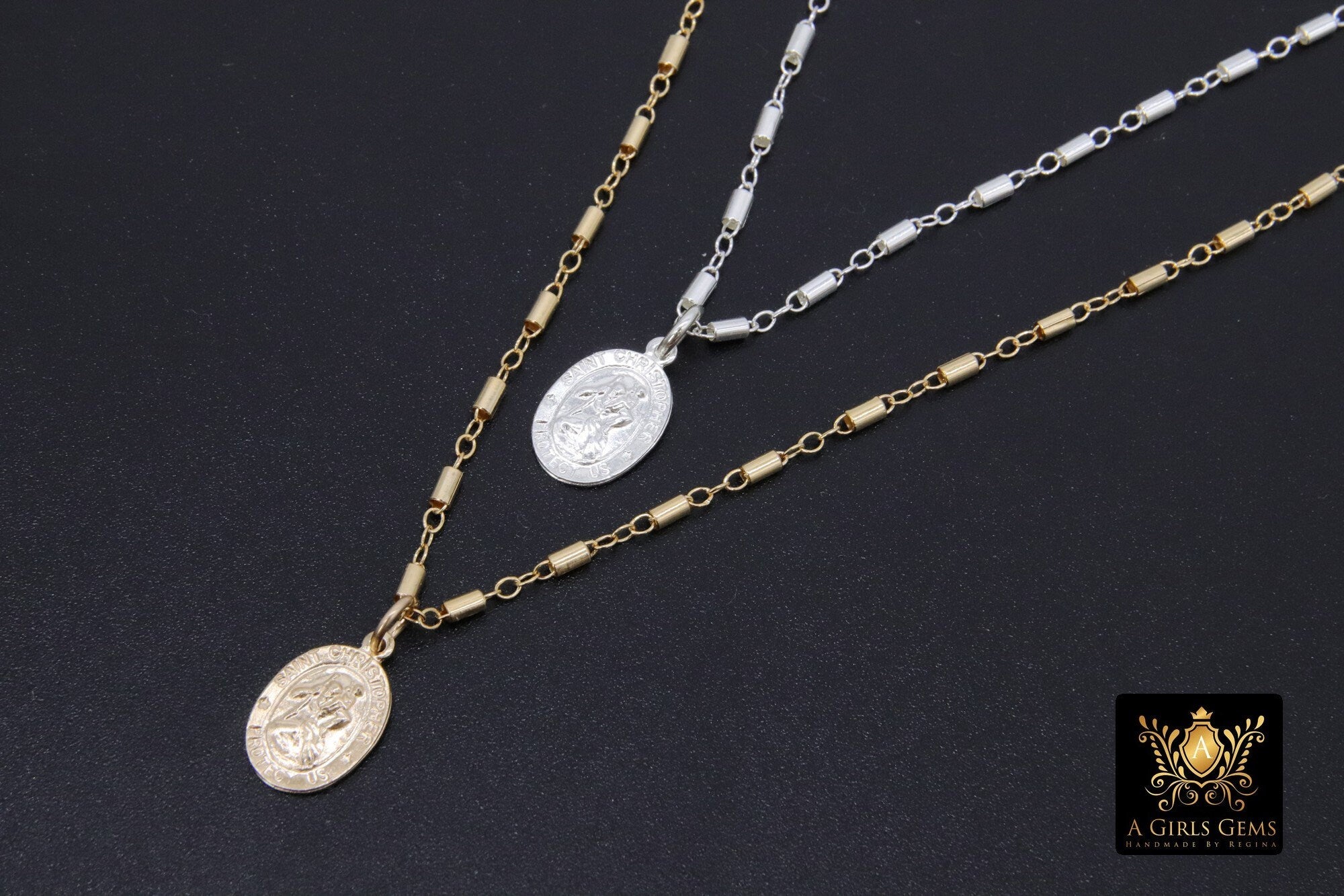 St. Christopher Necklace, 14 K Gold Filled Medallion Satellite Tube Beaded Chain Choker, Religious Traveler's Protection