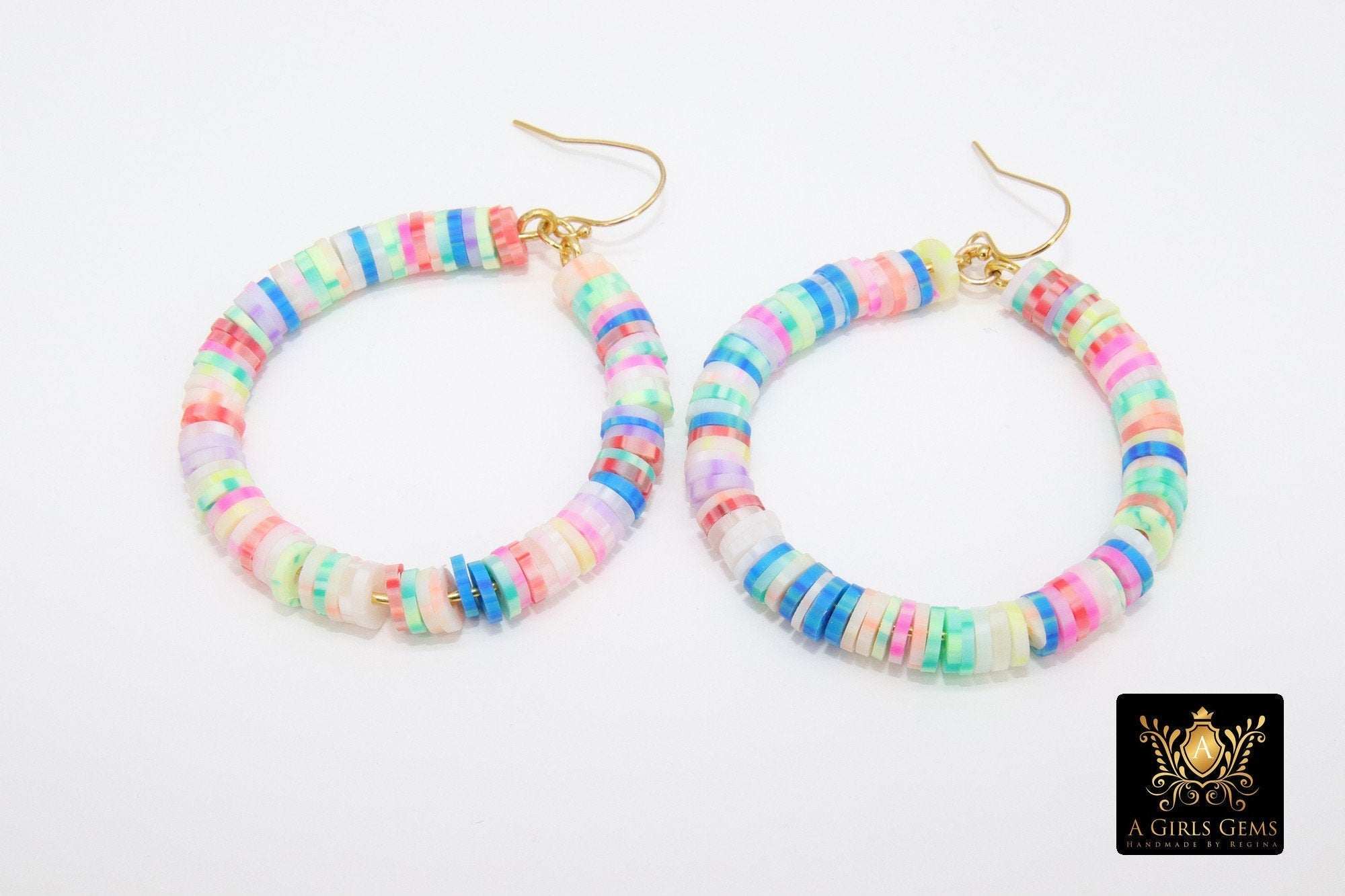 Heishi Beaded Initial Hoop Earrings, 14 K Gold Filled Hook Personalized Earrings #698, Colorful Monogram Beaded Bracelets Hoop Earrings